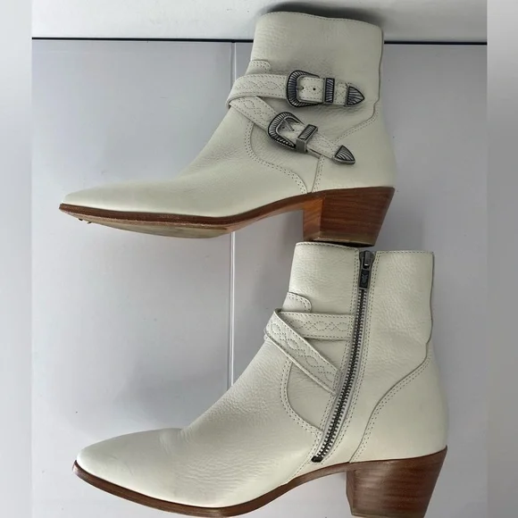 FRYE Ellen Buckle Bootie White Leather Ankle Boots with Silver Hardware - Picture 5 of 8